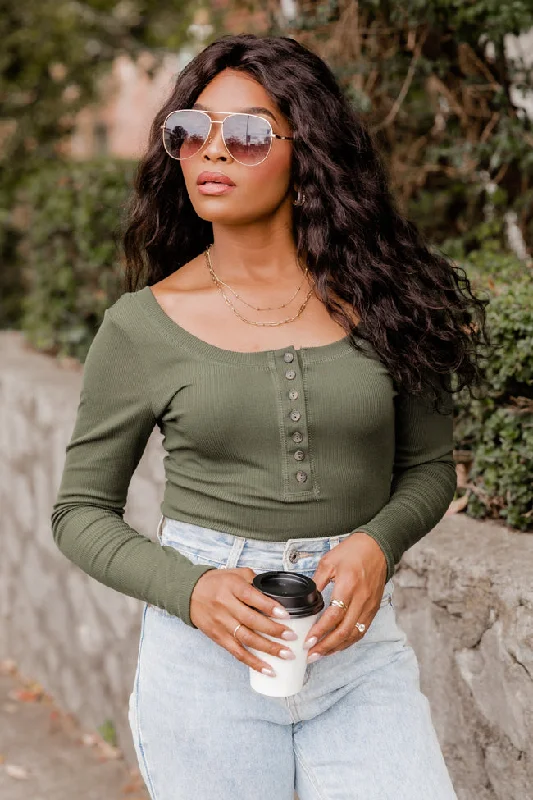 Talk About That Olive Henley Bodysuit FINAL SALE Trendy Bodysuit with Sleeves