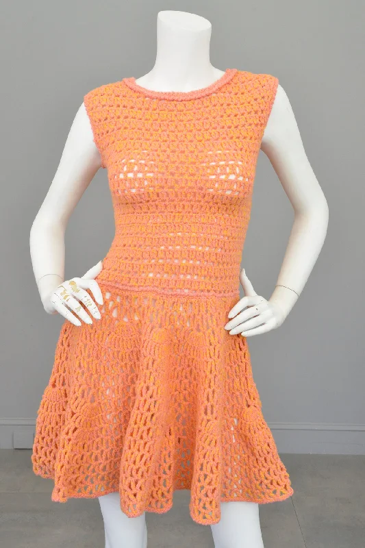 1960s 70s Pink + Yellow = Orange Yarn Crochet Mini Dress Casual Button-Up Mini Dress