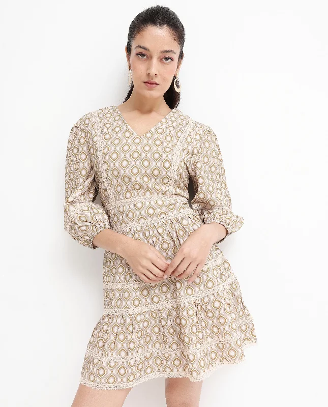 Rareism Women Alexo Beige Puff Sleeves V-Neck Zipper Closure Fit And Flare Geometric Print Fit and Flare Mini Dress Elegant Satin Lace Mini Dress