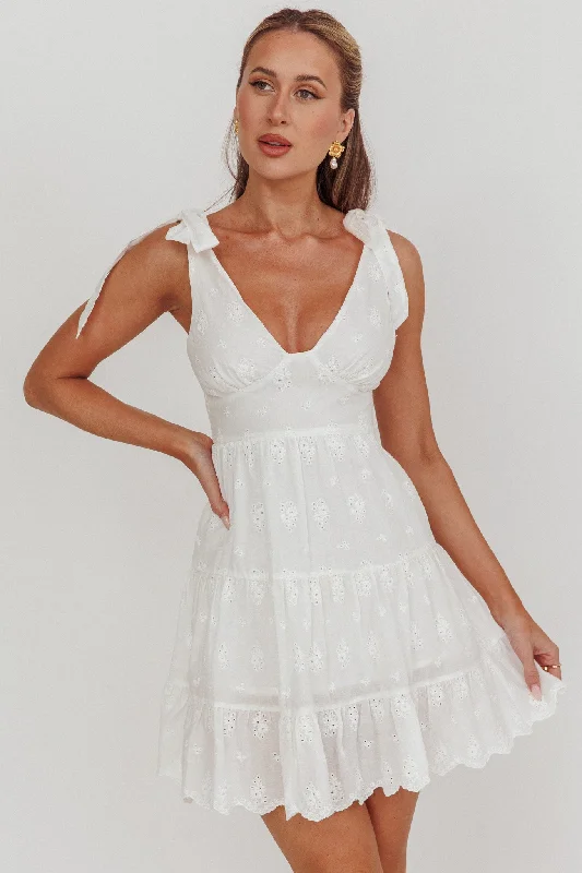 Ardent Tied Shoulder Mini Dress White Trendy Mini Dress with Belt