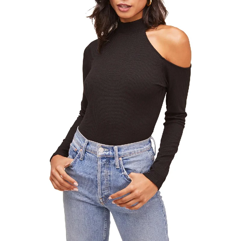 ASTR The Label Women's Ribbed Knit Cold Shoulder Long Sleeve Mock Neck Bodysuit Trendy Bodysuit with Sleeves