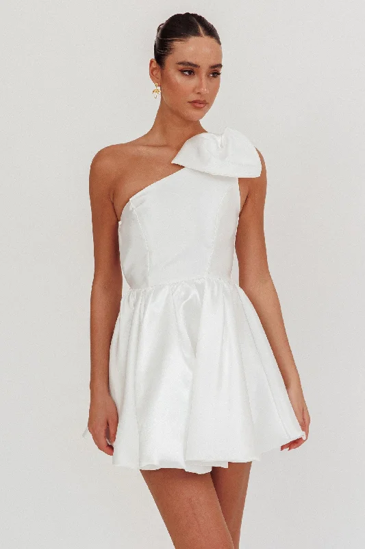 Athens Shoulder Bow Bubble Hem Mini Dress Off White Elegant Silk Mini Dress