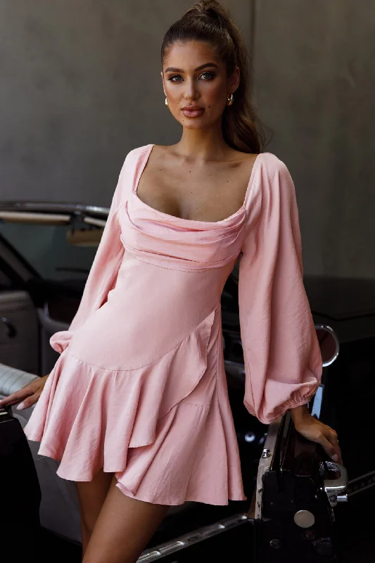 Beaujolais Long Sleeve Cowl Neckline Ruffle Satin Mini Dress Blush Trendy Mesh Mini Dress