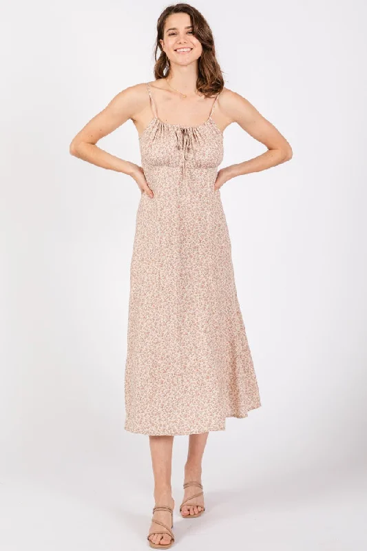 Beige Ditsy Floral Side Slit Midi Dress Stylish Silk Midi Dress