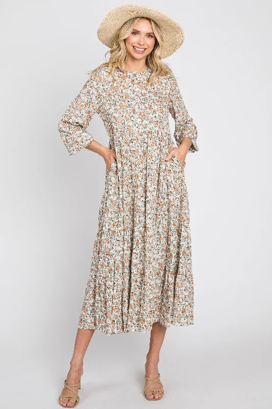 Beige Floral Button Front Long Sleeve Tiered Midi Dress Stylish Silk Midi Dress