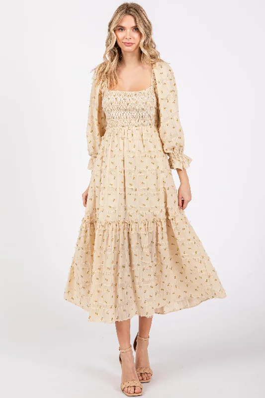 Beige Floral Square Neck Smocked Fringe Midi Dress Elegant Sleeveless Midi Dress