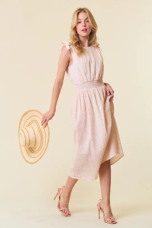 Beige Gingham Plaid Ruched Shoulder Midi Dress Stylish Wraparound Midi Dress