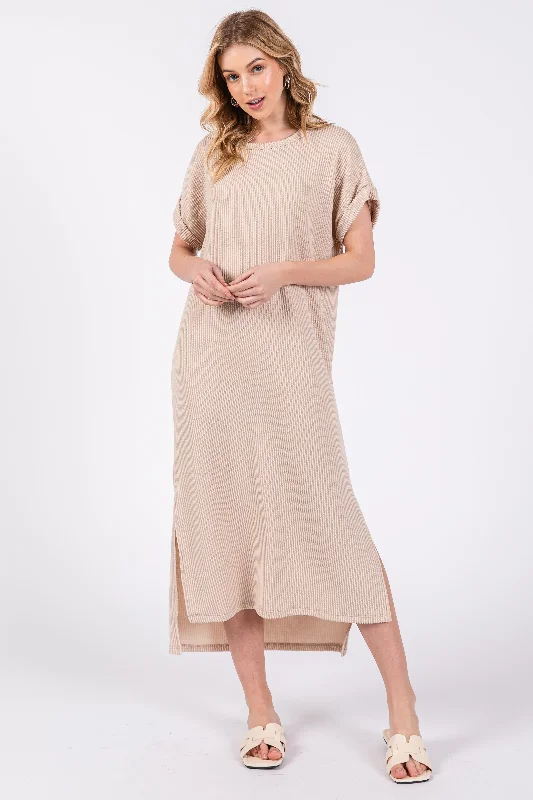 Beige Ribbed Short Sleeve Midi Dress Trendy Ruched Side Midi Dress