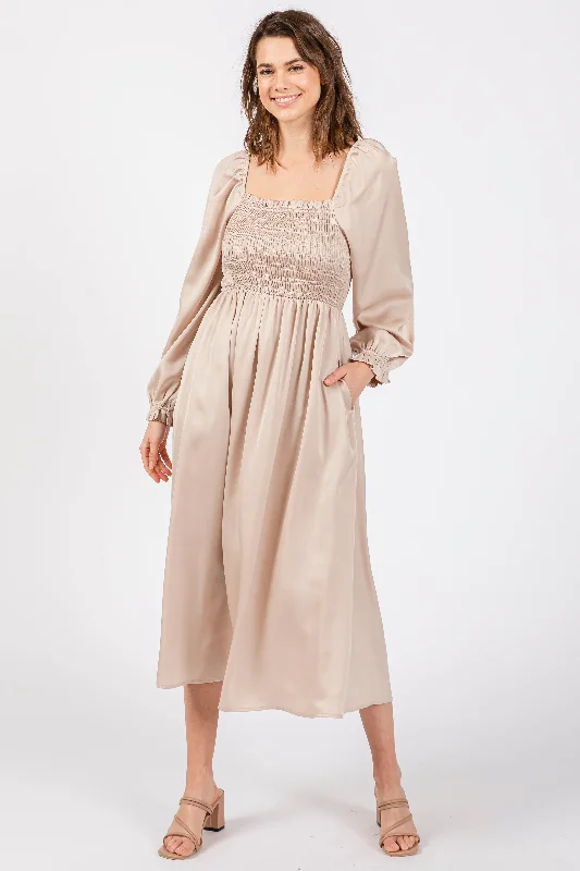 Beige Smocked Square Neck Satin Midi Dress Stylish Off-Shoulder Ruffle Dress