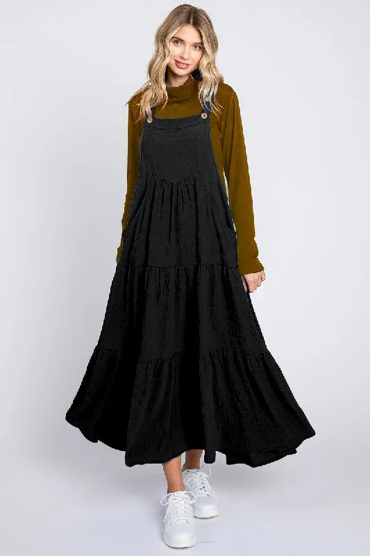 Black Button Sling Tiered Midi Dress Stylish Long Sleeve Floral Midi Dress