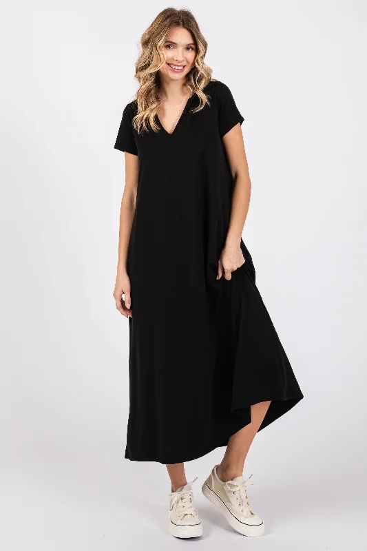 Black Fleece Hooded Midi Dress Trendy A-Line Midi Dress