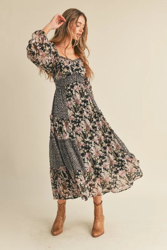 Black Floral Mixed Patchwork Print Ruffle Trim Midi Dress Trendy Flared Sleeve Midi Dress