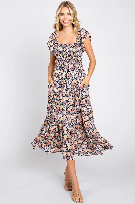 Black Floral Off Shoulder Smocked Midi Dress Trendy Off-Shoulder Button Midi Dress