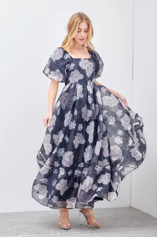 Black Floral Organza Square Neck Midi Dress Trendy Ruffled Sleeve Midi Dress