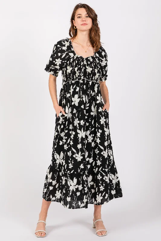 Black Floral Puff Sleeve Midi Dress Fashionable Off-Shoulder Dress Midi