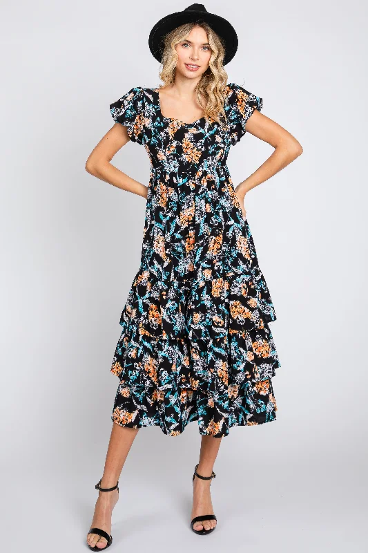 Black Floral Puff Sleeve Tiered Midi Dress Fashionable Skater Midi Dress