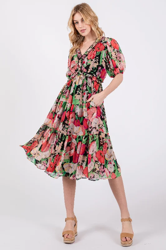Black Floral Ruffle Tiered Maternity Midi Dress Trendy A-Line Midi Dress