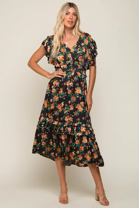 Black Floral Satin Ruffle Midi Dress Trendy Tiered Hem Midi Dress