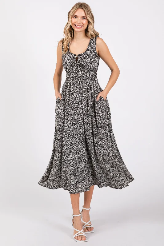 Black Floral Sleeveless Smocked Waist Midi Dress Elegant Satin Button Midi Dress