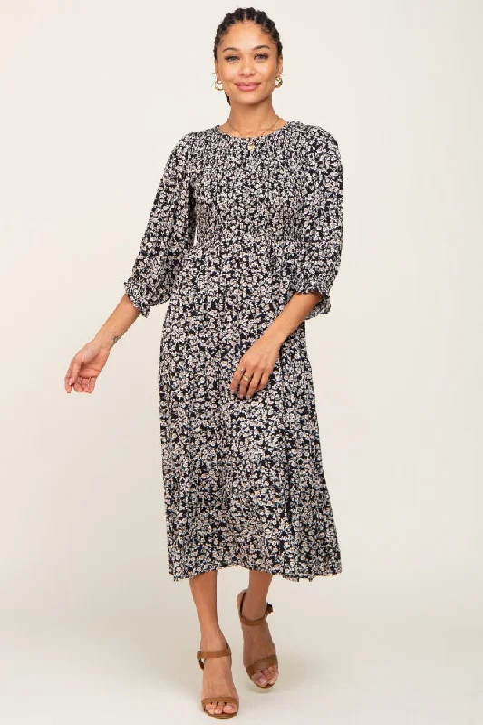 Black Floral Smocked 3/4 Sleeve Midi Dress Comfortable Floral Print Midi Dress