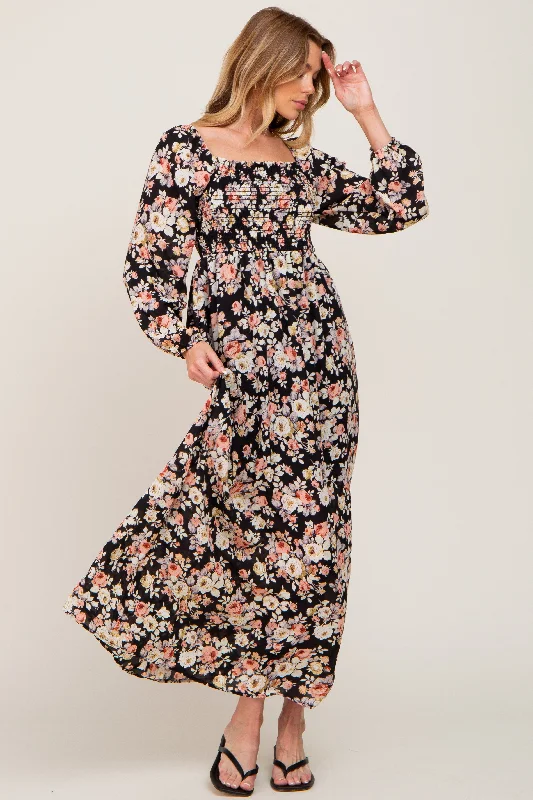 Black Floral Smocked Midi Dress Comfortable Fit-and-Flare Midi Dress