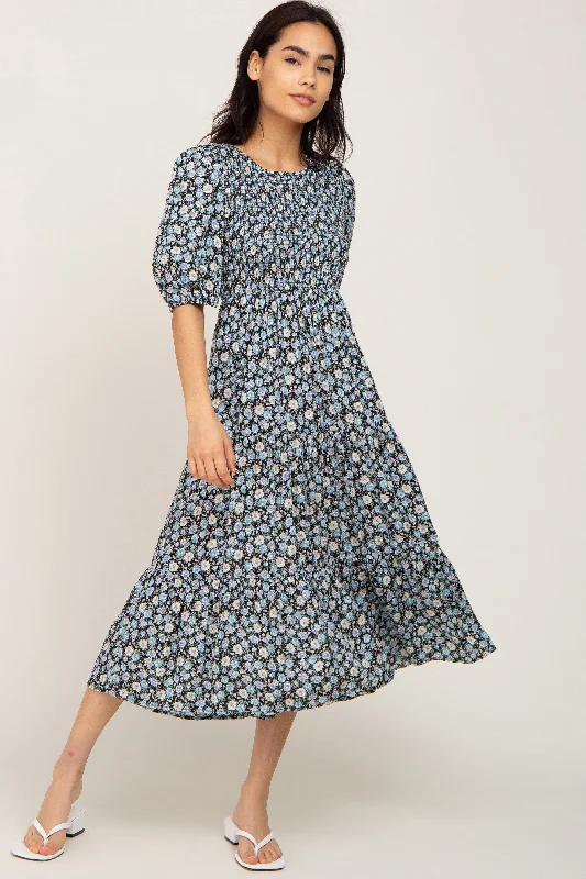 Black Floral Smocked Tiered Midi Dress Trendy Midi Dress with Belt