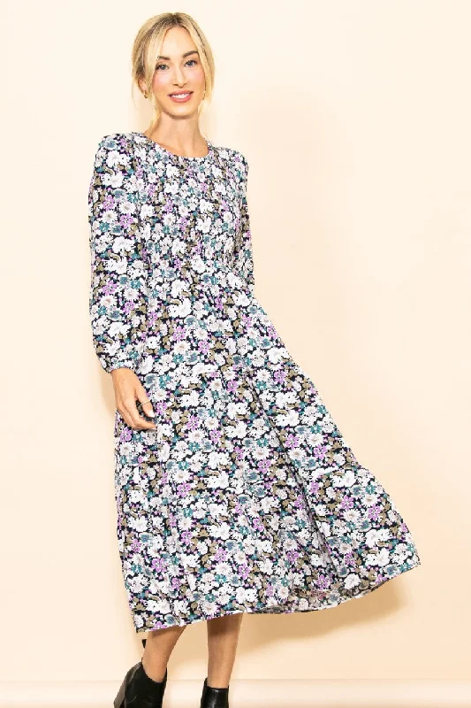 Black Floral Smocked Tiered Midi Dress Trendy Square Neck Midi Dress