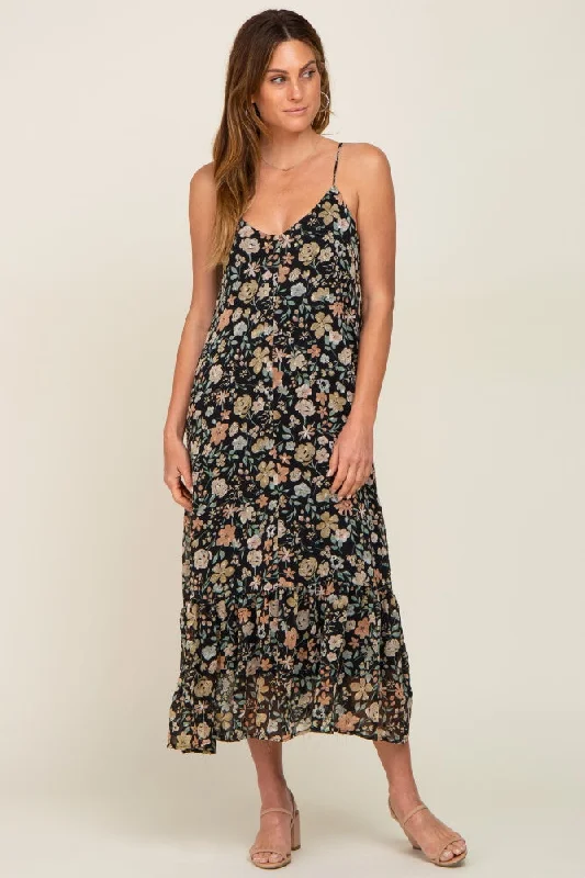 Black Floral Swiss Dot Back Tie Midi Dress Elegant Pleated Detail Midi Dress