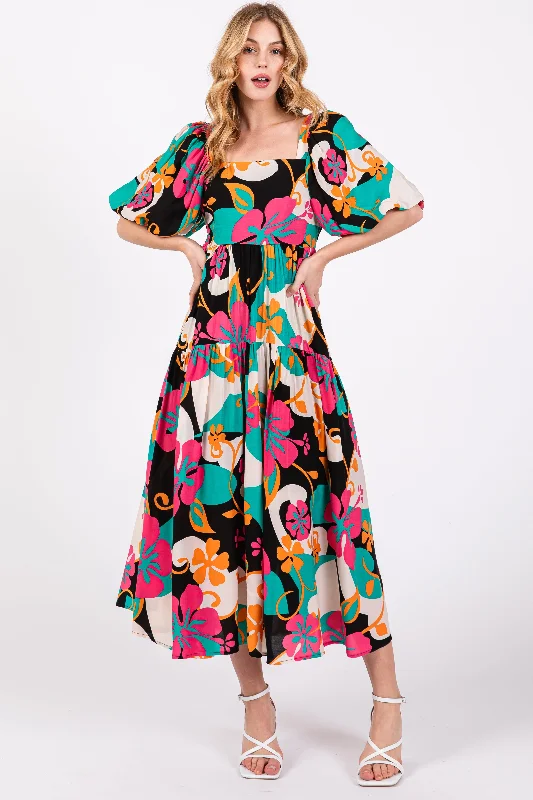 Black Floral Tiered Puff Sleeve Midi Dress Trendy Ruffle Hem Midi Dress