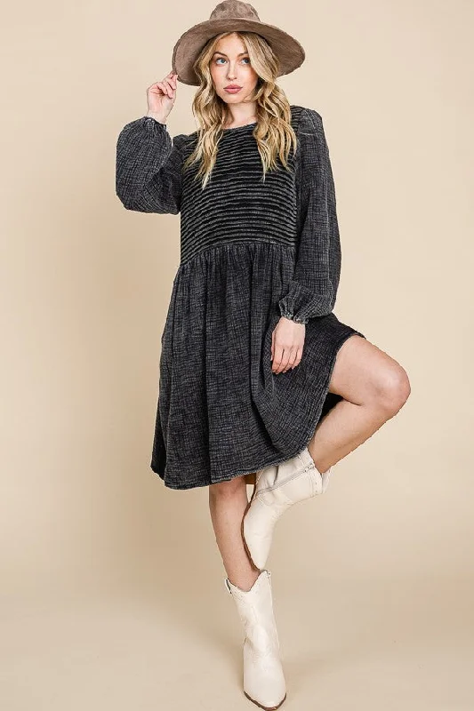 Black Front Pintuck Cotton Midi Dress Stylish Pleated Skirt Midi Dress