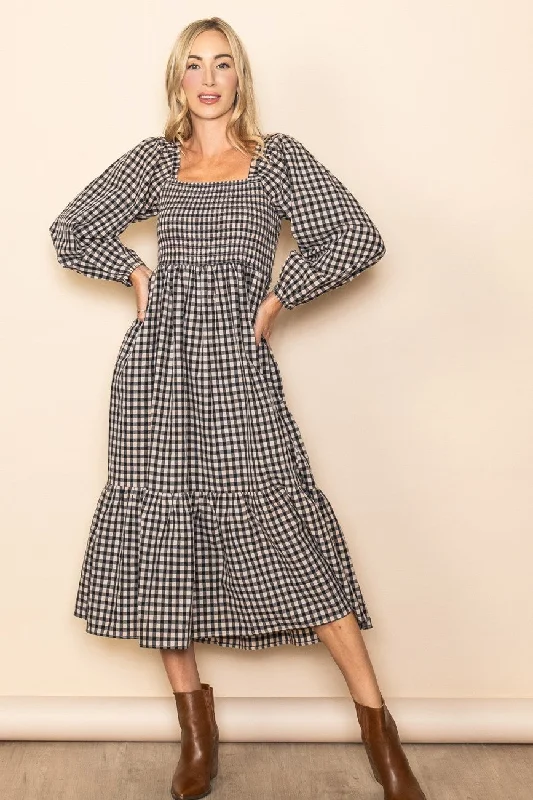 Black Gingham Long Sleeve Midi Dress Elegant Floral Midi Dress