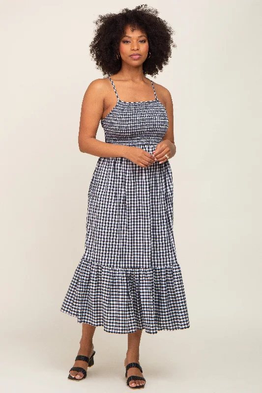 Black Gingham Smocked Midi Dress Elegant Pleated Sleeve Midi Dress