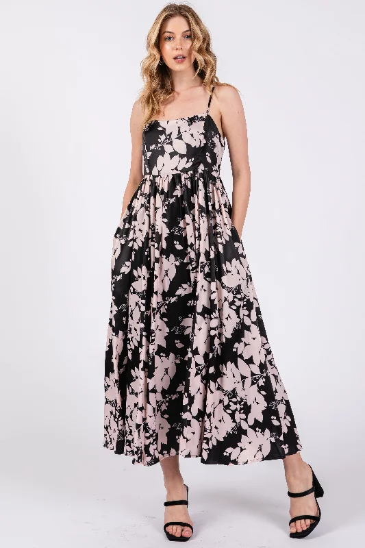 Black Leaf Print Satin Square Neck Midi Dress Stylish Color Block Midi Dress