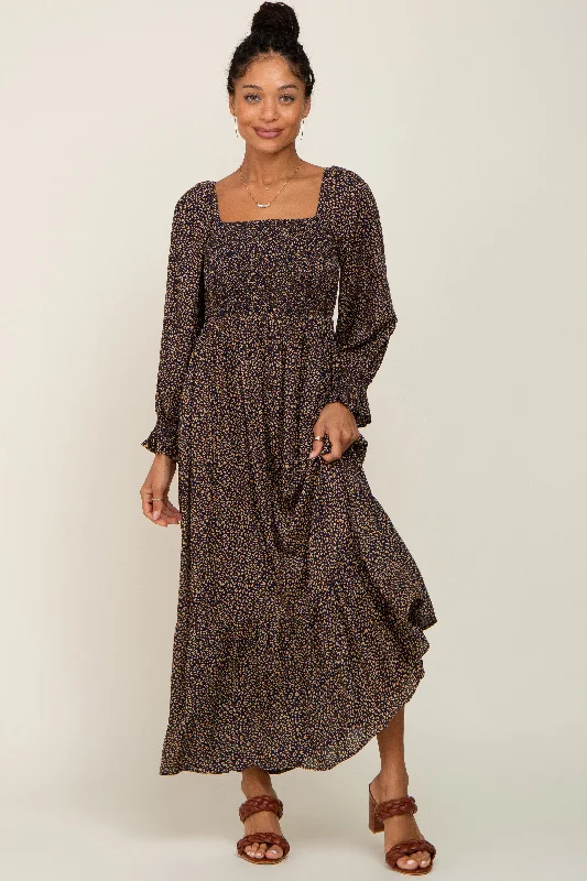 Black Leopard Print Square Neck Smocked Midi Dress Comfortable Adjustable Strap Midi Dress