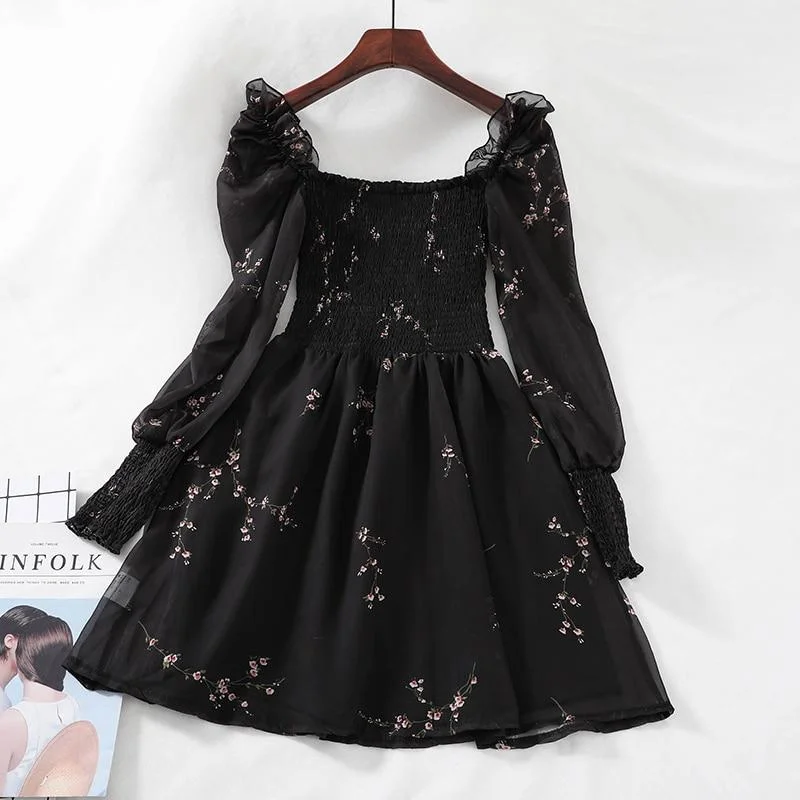 FashionSierra - Black Mini Dresses  Vintage Flower Long Puff Sleeve Chiffon Dresses Trendy A-Line Mini Dress