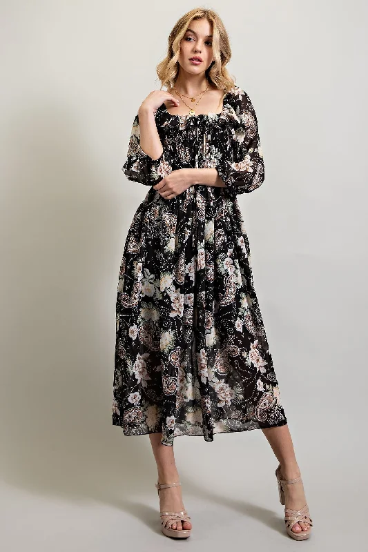 Black Multi Floral Chiffone Print Midi Dress Elegant Pleated Sleeve Midi Dress