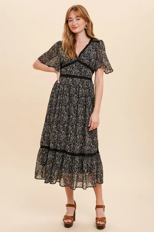 Black Paisley Flutter Sleeve Midi Dress Elegant Floral Midi Dress