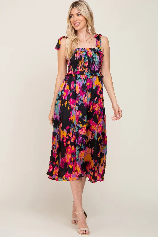 Black Printed Satin Smocked Midi Dress Elegant Lace Trim Midi Dress