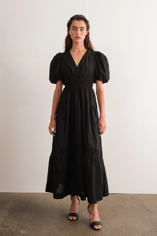 Black Puff Sleeve Midi Dress Elegant Puff Sleeve Midi Dress