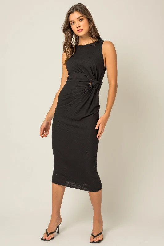 Black Rib Knit Sleeveless Side Twist Midi Dress Trendy Knit Midi Dress