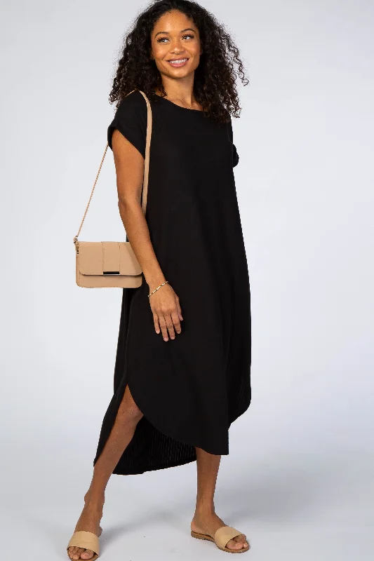 Black Ribbed Curved Hem Midi Dress Trendy Tiered Hem Midi Dress
