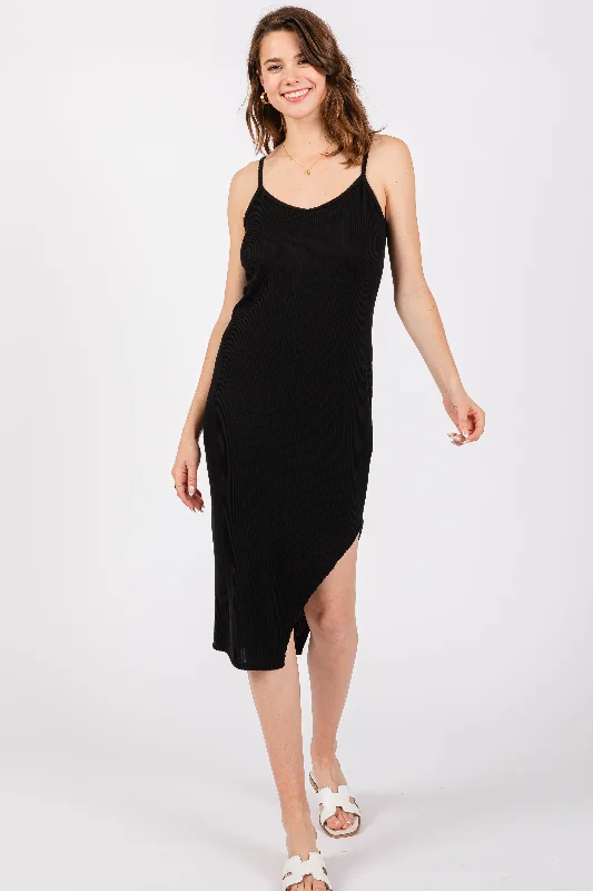 Black Ribbed Side Slit Sleeveless Midi Dress Fashionable High-Low Midi Dress