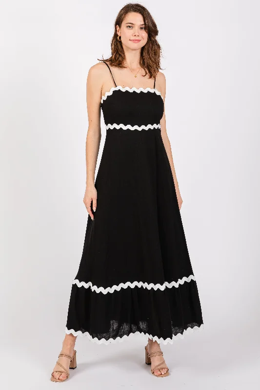 Black Ric Rac Trim Tiered Midi Dress Fashionable Polka Dot Midi Dress