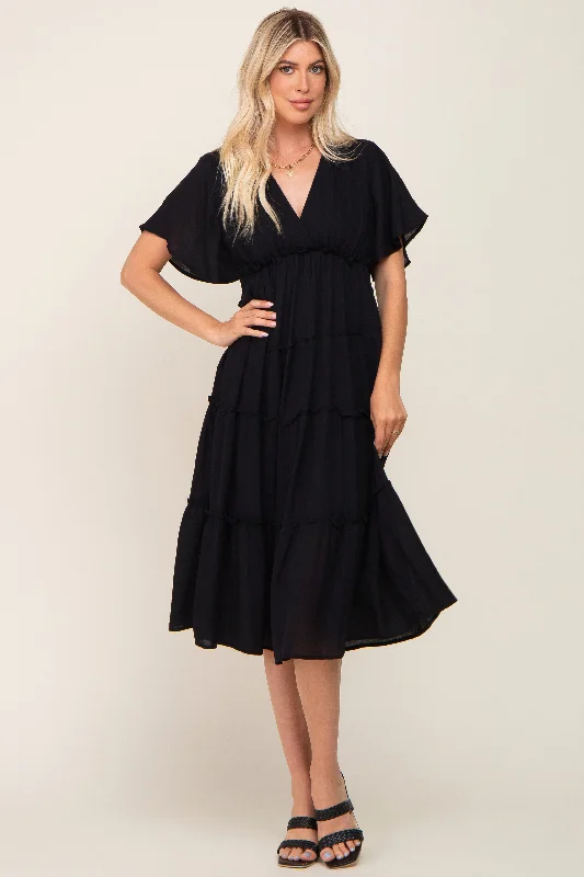 Black Ruffle Tiered V-Neck Midi Dress Comfortable Denim Midi Dress
