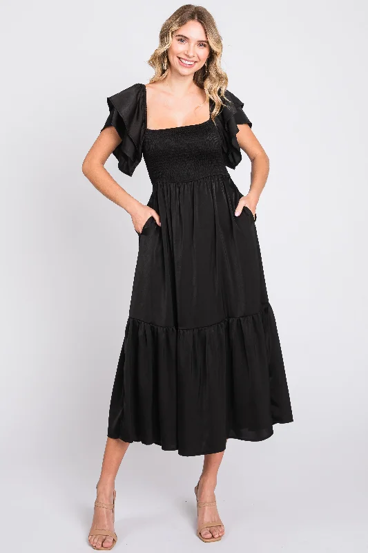Black Satin Flutter Sleeve Midi Dress Stylish High-Waisted Midi Dress