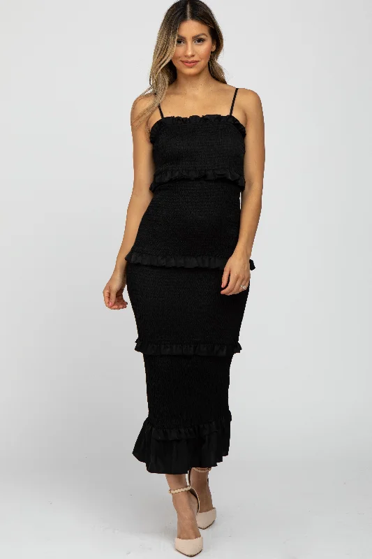 Black Satin Smocked Fitted Midi Dress Trendy Ruched Side Midi Dress