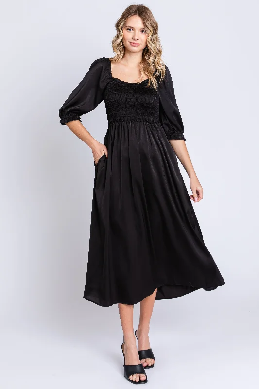 Black Satin Smocked Midi Dress Fashionable Skater Midi Dress