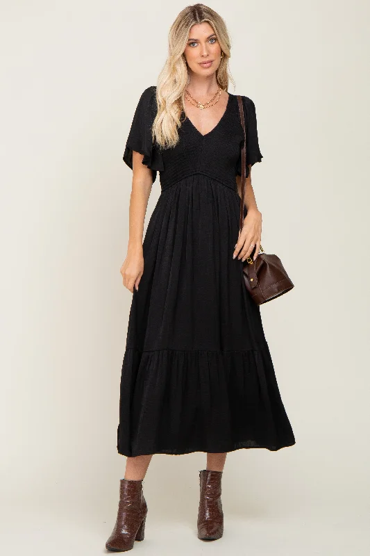 Black Satin Smocked Midi Dress Elegant Floral Midi Dress