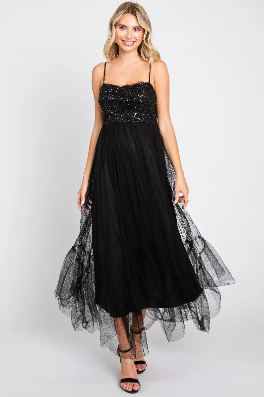 Black Sequin Top Tulle Midi Dress Comfortable Button Front Midi Dress