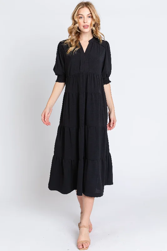 Black Short Sleeve Tiered Midi Dress Elegant Puff Sleeve Midi Dress